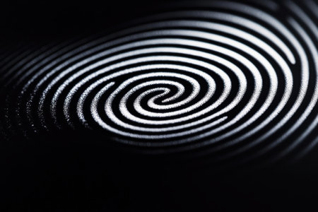 A close-up view of a spiral pattern with black and white lines creates an optical illusion, focusing on the intricate design that resembles a fingerprint in a creative exploration of textures.の素材