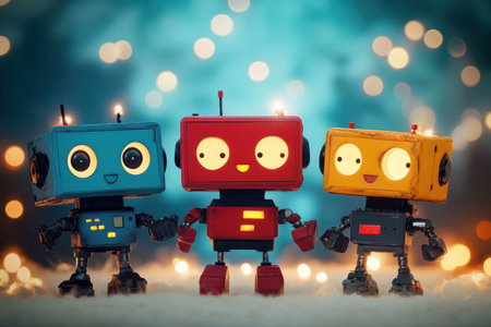 Three vibrant toy robots in different colors gather closely, smiling with large expressive eyes, surrounded by soft glowing lights during a nighttime festivity.の素材