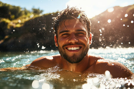 A man swims in a sparkling lake, beaming with happiness as sunlight casts warm reflections on the water. Lush greenery surrounds the scene, creating a serene summer atmosphere.の素材