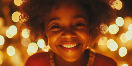 A joyful child with curly hair beams brightly as she stands amidst warm, twinkling lights during a festive gathering, creating a magical atmosphere filled with happiness.の素材
