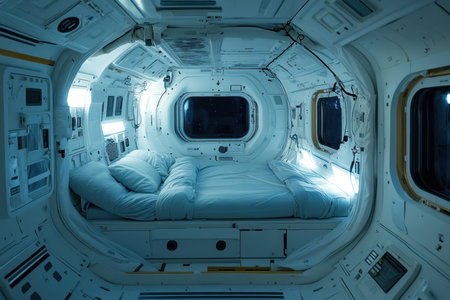 Cozy sleeping area inside a contemporary space habitat featuring a neatly made bed, illuminated by soft lights, surrounded by high-tech control panels in a futuristic environment.の素材