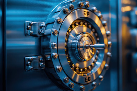 Close-up of a bank vault door showcasing an intricate locking mechanism with numerous bolts and a shiny metallic surface, emphasizing security and engineering design.の素材