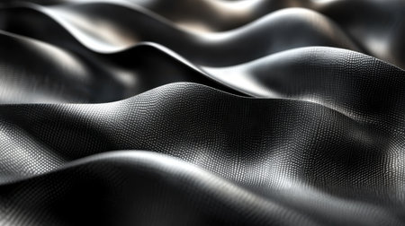 Close-up view of luxurious black fabric showcasing delicate waves and textures, where light beautifully enhances the fabric's sheen and intricate weave, capturing the essence of textile artistry.の素材
