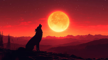 A lone wolf stands atop a rocky outcrop, howling at the bright full moon surrounded by a vibrant sunset sky. The mountains in the distance are silhouetted against the colorful twilight.の素材