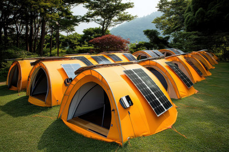 A series of bright orange tents equipped with solar panels are arranged neatly in a green campsite. The area is surrounded by trees and mountains, creating a tranquil atmosphere.の素材