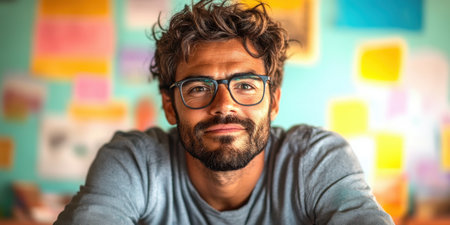 A young man with curly hair and glasses smiles at the camera while seated in a vibrant workspace filled with colorful notes and posters on the walls during the afternoon sunlight.の素材