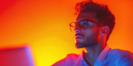 A young man wearing glasses concentrates on his task while sitting at a desk in warm lighting. The vibrant colors create an inviting atmosphere for evening productivity.の素材