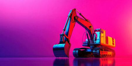 A large excavator stands prominently against a colorful backdrop, showcasing intricate details and shining metal. The dramatic lighting enhances the machinery's form at dusk.の素材