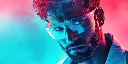 A young man stands confidently with stylish, modern glasses, illuminated by striking pink and blue lights in a trendy evening atmosphere. His expression is focused and bold.の素材
