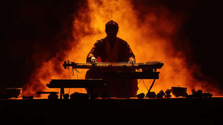 Musician passionately plays a traditional string instrument on stage, enveloped in colorful smoke and dynamic lighting, showcasing cultural artistry during a mesmerizing performance.の素材