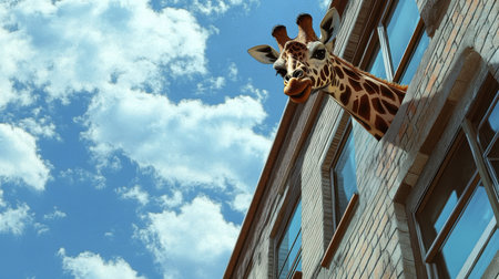 A giraffe looks curiously from a large window of a tall brick building on a sunny day, creating a whimsical contrast between wildlife and urban life.の素材