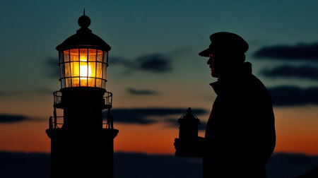 A lighthouse keeper stands silhouetted against a vibrant sunset, holding a lantern as the light from the lighthouse glows warmly, creating a peaceful coastal atmosphere.の素材