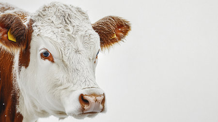 A cow stands in a landscape blanketed with snow, its fur dusted with flakes. The animal gazes curiously, its bright eyes contrasting with the pale surroundings.の素材