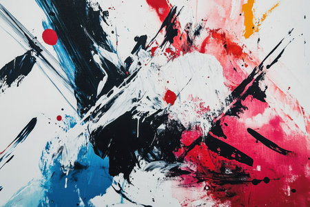 Vivid abstraction features expressive brushwork with splashes of red, black, blue, and white paint, capturing a sense of energy and movement in a vibrant artistic studio environment.の素材