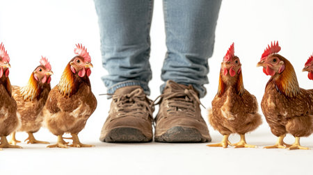 A group of chickens curiously approaches a person's feet, showcasing their colorful feathers and unique personalities against a simple backdrop during daylight.の素材