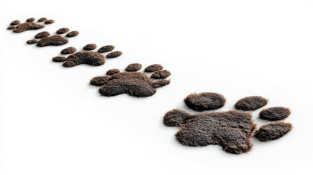 Brown paw prints create a trail across a clean, white surface, hinting at the recent movement of a small animal, likely a pet or wildlife, during the daytime.の素材