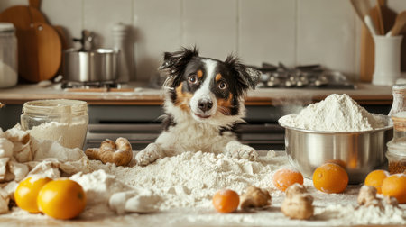A playful dog stands on its paws, surrounded by flour, oranges, and ginger in a bright kitchen. The bright sunlight streams in, illuminating the cheerful and messy baking atmosphere.の素材