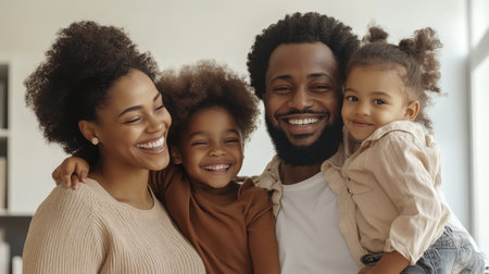 A joyful family stands closely together in a warm, well-lit setting. The parents and their two young daughters share broad smiles, showcasing a strong bond and love during a cheerful afternoon.の素材