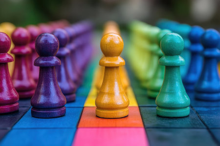 Colorful wooden game pieces are lined up on a board, ready for play at an outdoor gathering. The scene is set in a park on a bright sunny day with vibrant hues adding joy.の素材