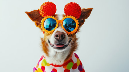 A cheerful dog dons a vibrant clown outfit complete with oversized sunglasses and playful accessories, radiating joy and enthusiasm during a festive occasion.の素材