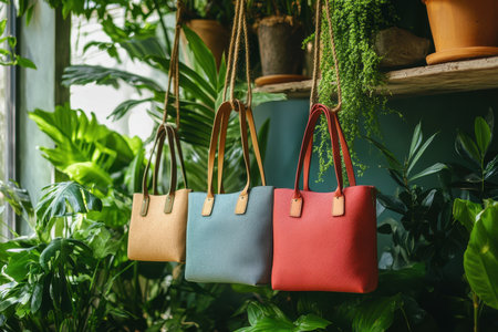 Three colorful handbags hang elegantly from strings in a vibrant indoor garden filled with diverse greenery. This stylish arrangement highlights contemporary fashion amidst nature.の素材