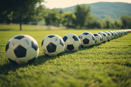 A series of soccer balls are arranged in a straight line on a lush green field. The sun shines brightly in the afternoon, illuminating the hills in the distance.の素材