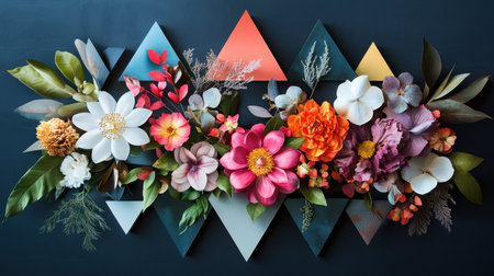 Vivid flowers and foliage are artfully arranged against a dark backdrop, creating a striking visual contrast with geometric shapes in complementing colors that enhance the composition.の素材