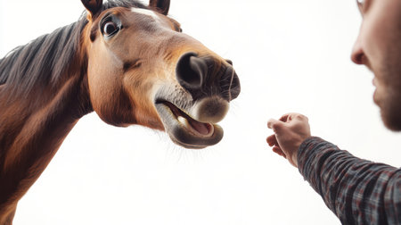 A person extends their hand toward a horse, offering food in a well-lit indoor space. The horse displays curiosity and friendliness as it interacts with the person.の素材