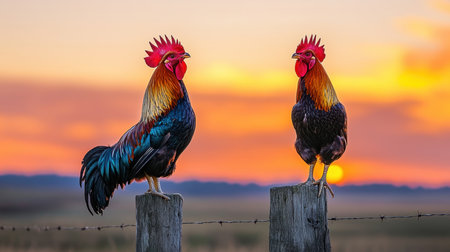Two roosters with striking plumage perch atop wooden fence posts against a vibrant sunset backdrop, creating a peaceful rural setting. The scene captures the beauty of nature as day turns to night.の素材