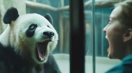 A panda and a woman share a lively moment through a glass barrier at a wildlife sanctuary. Both appear animated, with the panda roaring playfully and the woman mimicking its expression.の素材