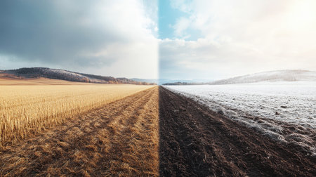 One side features a golden field representing autumn while the other side displays a winter scene with frosty soil and a white blanket of snow. The transition creates a striking visual effect.の素材