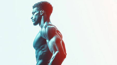 Strong individual stands confidently, highlighting well-defined muscles in a stylish fitness studio. The dramatic lighting enhances the physical form and atmosphere of motivation.の素材