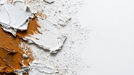 A mixture of creamy white and warm brown paint spreads across a clean white surface, revealing various textures and inviting artistic exploration and creativity in a bright and vibrant setting.の素材