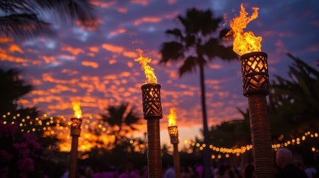 Tiki torches burn brightly as people gather in a vibrant outdoor setting at dusk, with a stunning sunset painting the sky in vivid hues of orange and purple.の素材