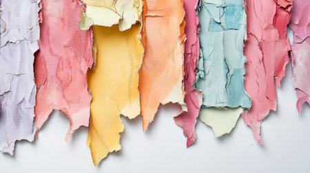 Various strips of textured paper in shades of pink, yellow, blue, and green hang against a white backdrop, showcasing a creative fusion of colors and shapes perfect for an art project.の素材
