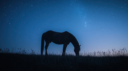 A horse grazes quietly in a grassy field as night falls, surrounded by twinkling stars and a soft blue sky, creating a serene and tranquil rural atmosphere.の素材