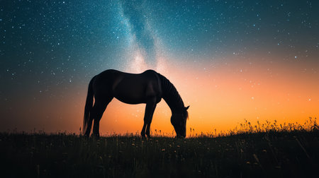 A horse stands peacefully in a field, grazing while silhouetted against a breathtaking backdrop of a star-filled sky and a colorful twilight gradient.の素材