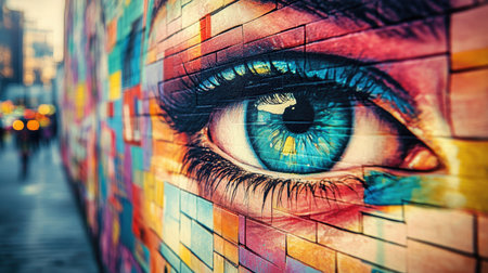 A large, striking mural of a blue eye painted on a textured brick wall captures the evening light. The vibrant colors enhance the urban atmosphere, inviting viewers to explore the surroundings.の素材