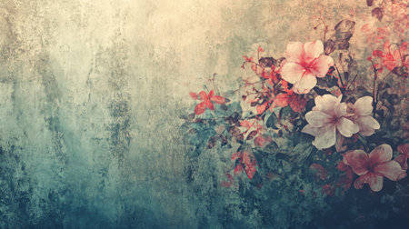 Delicate floral patterns with soft pastel blooms and vintage textures create a serene and inviting atmosphere. Perfect for backgrounds in creative art or design projects.の素材