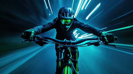 A cyclist navigates a dark tunnel, surrounded by vibrant blue lights that create a dynamic sense of speed. The rider wears protective gear, enhancing the thrilling atmosphere of the moment.の素材