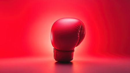 Bright red boxing glove is centered against a striking red background, showcasing its smooth leather surface and contours, ideal for training or competition in a gym environment.の素材
