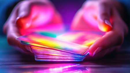 Hands holding a deck of colorful holographic cards reflect ambient light in a dim space, creating a mesmerizing effect. The vibrant hues enhance the atmosphere of the gathering.の素材