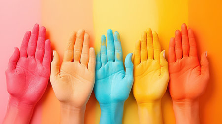Five hands with vibrant colors paint different shades arranged side by side on a smooth gradient background, showcasing creativity and celebrating artistic expression.の素材
