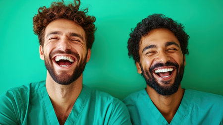 Two smiling men in scrubs express happiness, highlighting their friendship and teamwork in a lively healthcare environment. The bright green backdrop enhances their joyful energy.の素材