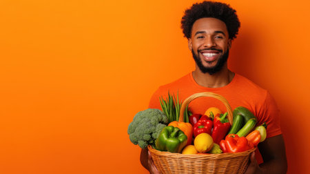 A man with curly hair stands against a bright orange backdrop, proudly showcasing a woven basket filled with colorful vegetables and fruits, embodying joy and health.の素材