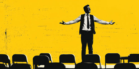 A man stands confidently on a stage, gesturing with enthusiasm towards an audience of empty chairs, illuminated by a vibrant yellow backdrop during a dynamic performance event.の素材