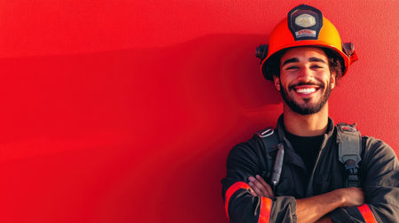 A confident firefighter poses with crossed arms in front of a bright red wall at a training facility. His helmet reflects the sun, emphasizing his pride and commitment to the profession.の素材