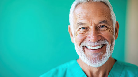 A senior healthcare expert with a gray beard and bright smile wears green scrubs. The colorful backdrop enhances the feeling of approachability and care in a medical setting.の素材