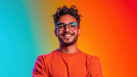 A young man with glasses and curly hair stands with arms crossed, smiling warmly. The background features bright gradient colors, enhancing the joyful atmosphere of the creative session.の素材