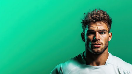 A fit young man stands in front of a vibrant green background, showcasing a strong physique and focused expression, embodying the essence of strength and determination in fitness.の素材